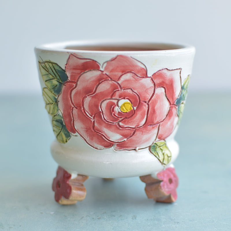 Handmade White Ceramic Succulent Pot with Red Flower and Flower Feet Approximately 3.5"
