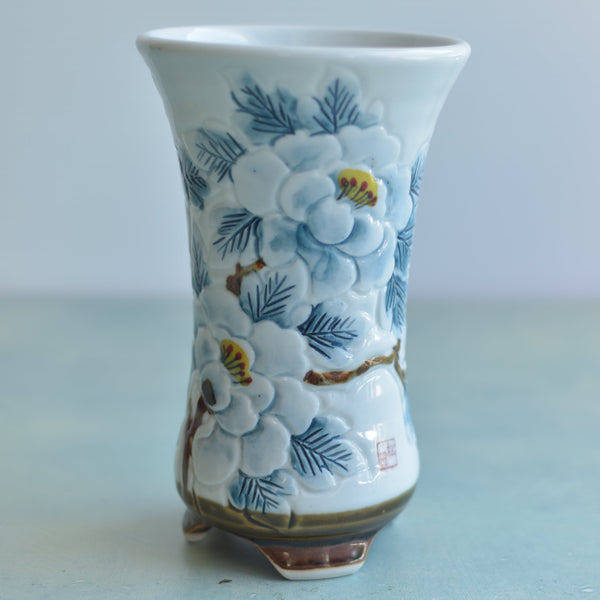 Tall Handmade Ceramic Succulent Pot with Blue Flowers  Approximately 4" Wide x 6.5" Tall