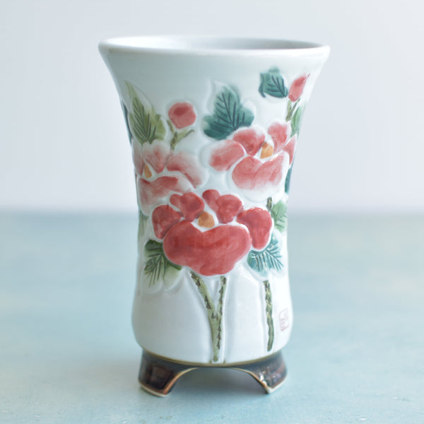 Tall Handmade Ceramic Succulent Pot with Red Flowers  Approximately 4" Wide x 6.5" Tall