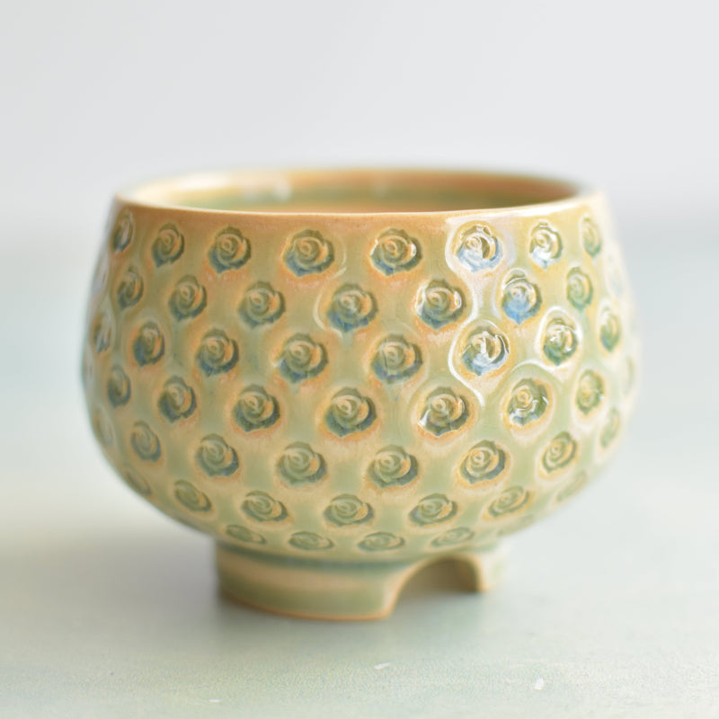 Green and Yellow Handmade Ceramic Succulent Pot Approximately with Flower Stamp 3" (Toun Kiln Studio)