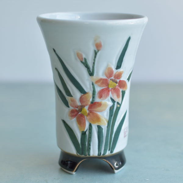 Tall Handmade Ceramic Succulent Pot with Orange Flowers  Approximately 4" Wide x 6.5" Tall