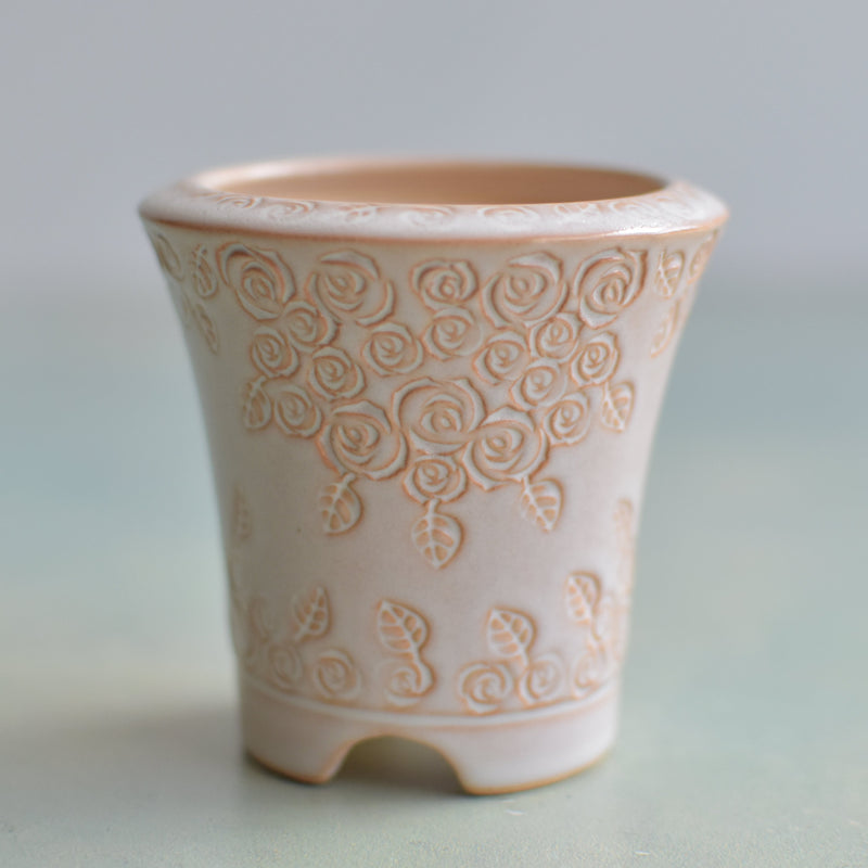 Light Pink/Beige Handmade Ceramic Succulent Pot with Flower Design Approximately 2" (Toun Kiln Studio)