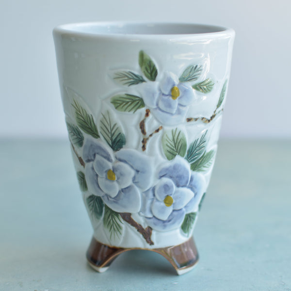 Tall Handmade Ceramic Succulent Pot with Purple Flowers  Approximately 4" Wide x 6.5" Tall