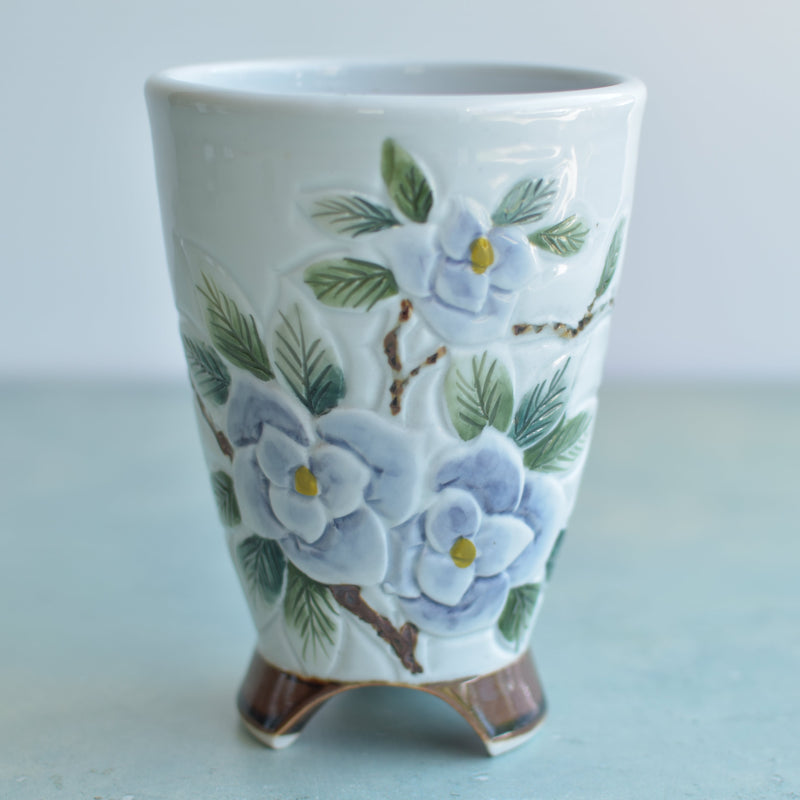 Tall Handmade Ceramic Succulent Pot with Purple Flowers  Approximately 4" Wide x 6.5" Tall