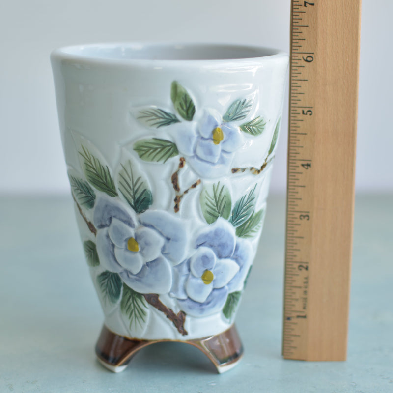 Tall Handmade Ceramic Succulent Pot with Purple Flowers  Approximately 4" Wide x 6.5" Tall