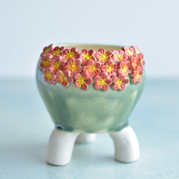 Green Handmade Ceramic Succulent Pot with Red Flowers Approximately 3"