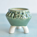 Green Handmade Ceramic Succulent Pot with Flowers Approximately 3"