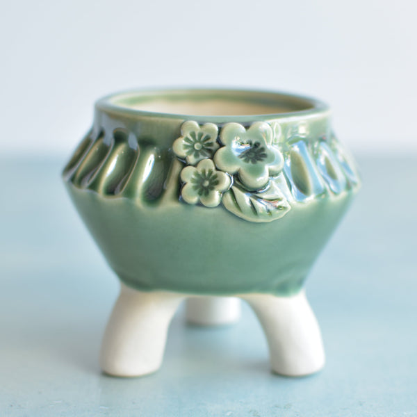 Green Handmade Ceramic Succulent Pot with Flowers Approximately 3"