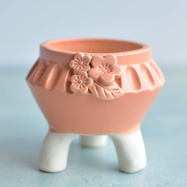 Matte Orange Handmade Ceramic Succulent Pot with Flowers Approximately 3"