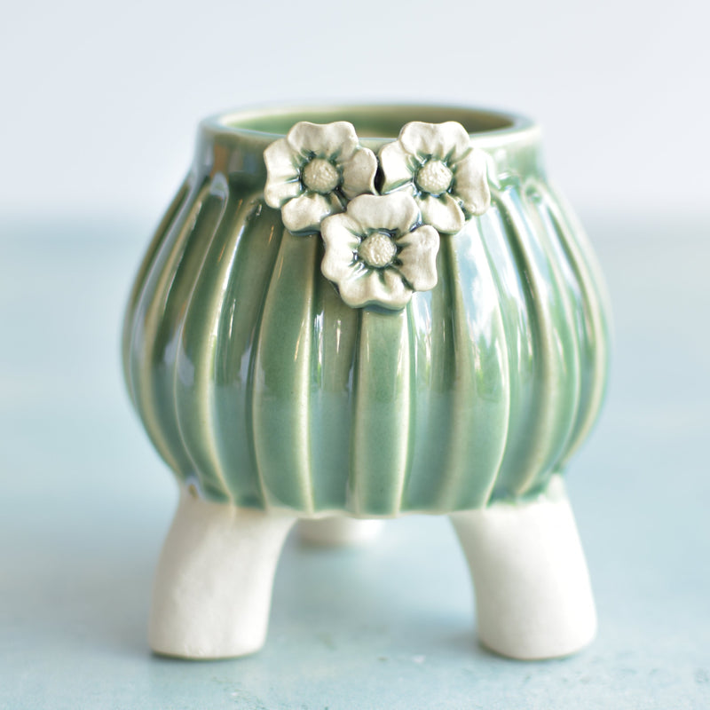 Green Handmade Ceramic Succulent Pot with Flowers Approximately 2"