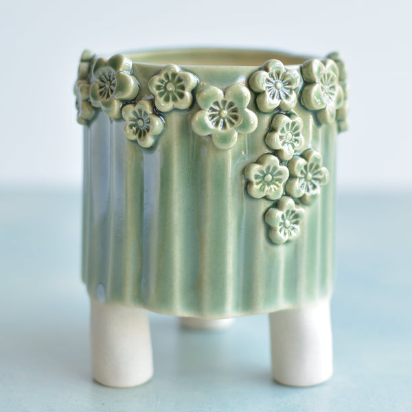 Green Handmade Ceramic Succulent Pot with Flowers Approximately 3.5"