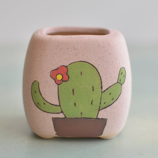 Light Pink Ceramic Succulent Pot with Cactus Design Approximately 2"
