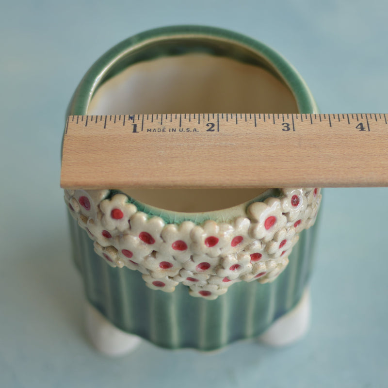 Green Handmade Ceramic Succulent with White Flowers Pot Approximately 3.5"