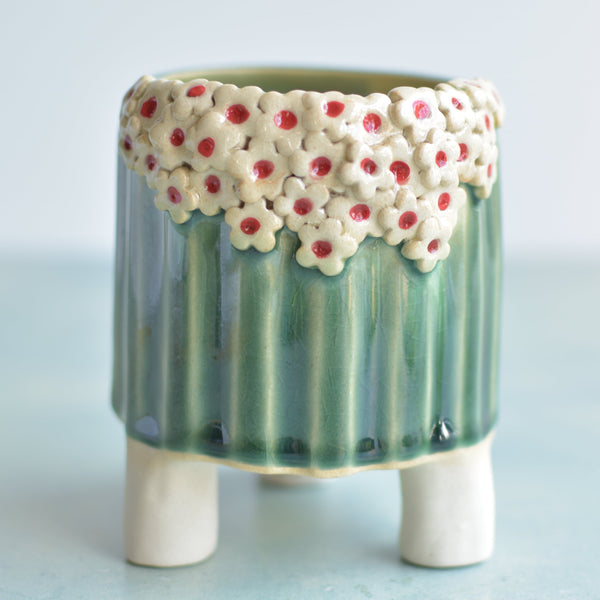 Green Handmade Ceramic Succulent with White Flowers Pot Approximately 3.5"