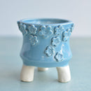 Sky Blue Handmade Ceramic Succulent Pot with Flowers Approximately 3"