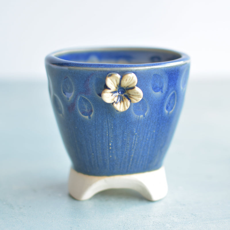 Cobalt Blue Handmade Ceramic Succulent Pot with Flower Approximately 3"