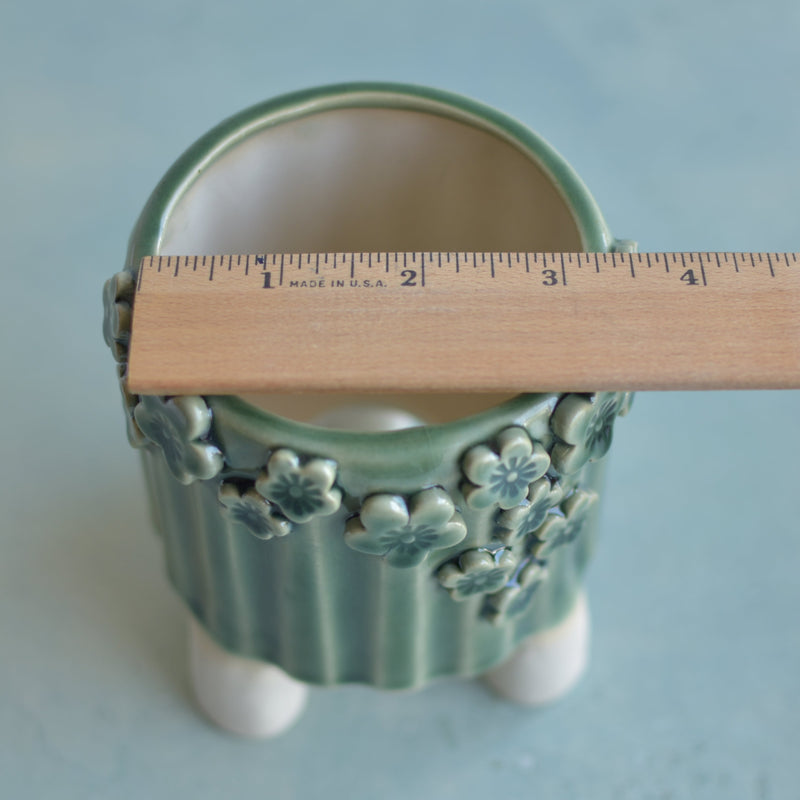 Green Handmade Ceramic Succulent Pot with Flowers Approximately 3.5"