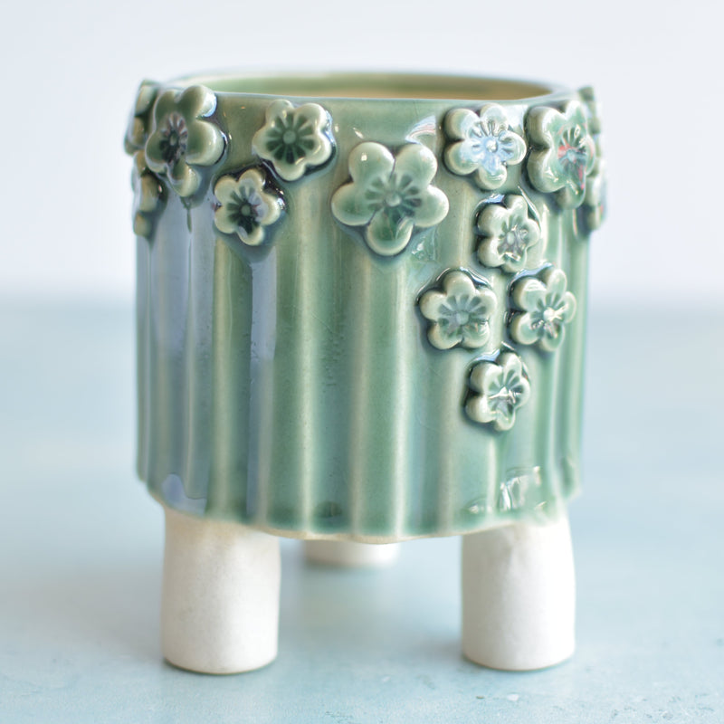 Green Handmade Ceramic Succulent Pot with Flowers Approximately 3.5"