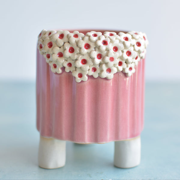 Pink Handmade Ceramic Succulent with White Flowers Pot Approximately 3.5"