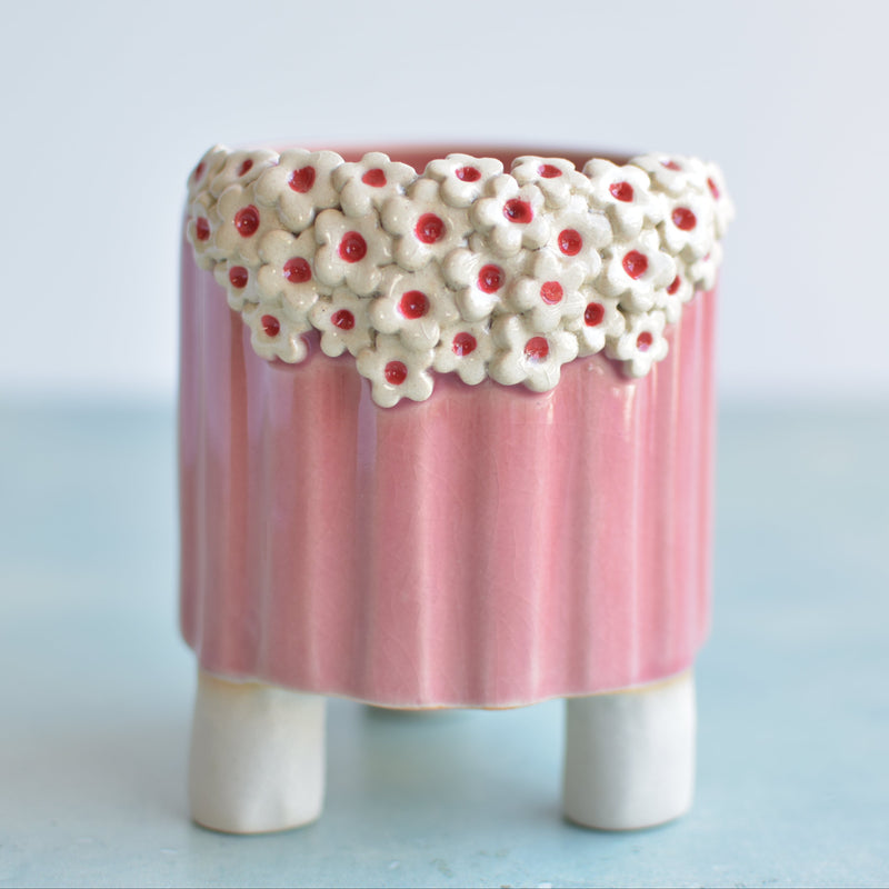 Pink Handmade Ceramic Succulent with White Flowers Pot Approximately 3.5"