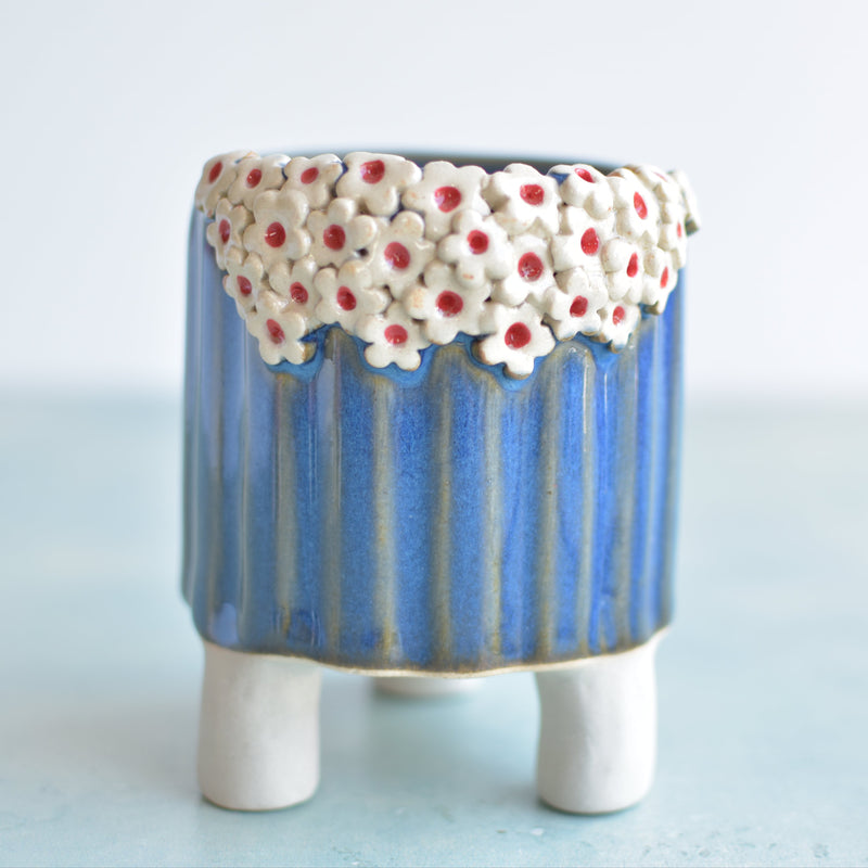 Cobalt Blue Handmade Ceramic Succulent with White Flowers Pot Approximately 3.5"