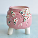 Pink Handmade Ceramic Succulent Pot with White Flowers Approximately 3.5"