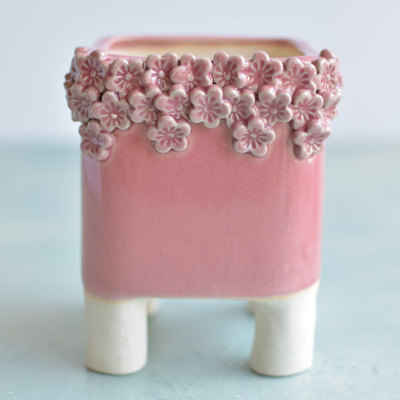 Pink Handmade Ceramic Succulent Pot with Flowers Approximately 3.5"