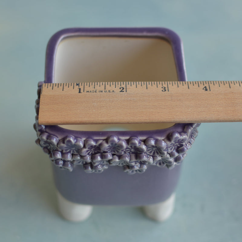 Purple Handmade Ceramic Succulent Pot with Flowers Approximately 3.5"