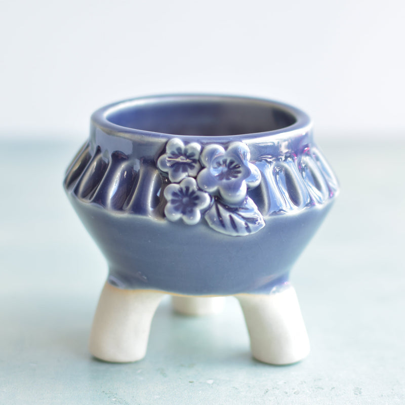 Purple Handmade Ceramic Succulent Pot with Flowers Approximately 3"