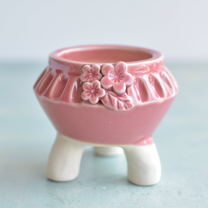 Pink Handmade Ceramic Succulent Pot with Flowers Approximately 3"