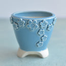 Sky Blue Handmade Ceramic Succulent Pot with Flowers Approximately 3"