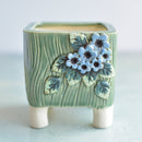 Green Handmade Ceramic Succulent Pot with Blue Flowers Approximately 3.5"