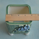 Green Handmade Ceramic Succulent Pot with Blue Flowers Approximately 3.5"