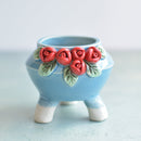Sky Blue Handmade Ceramic Succulent Pot with Red Rose Approximately 3"