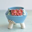 Sky Blue Handmade Ceramic Succulent Pot with Red Flowers Approximately 3"