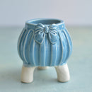 Sky Blue Handmade Ceramic Succulent Pot with Bow Approximately 2"