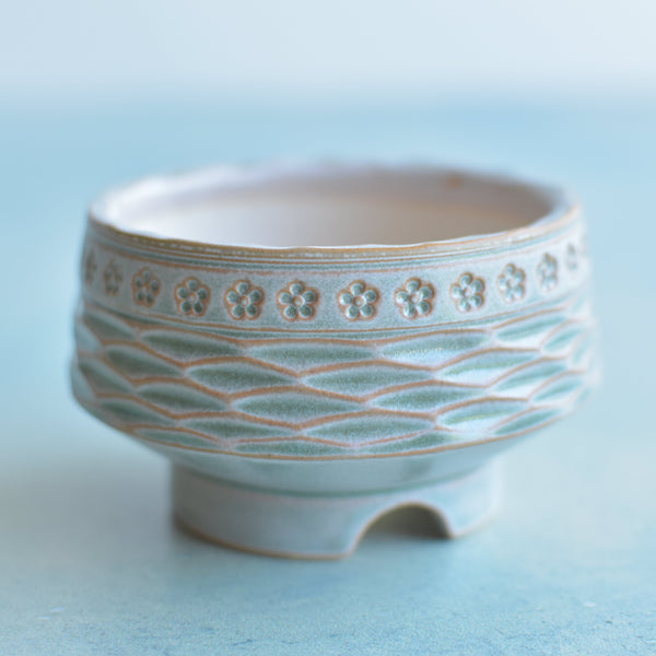 Light Green and Orange Handmade Ceramic Succulent Pot with Wave Design Approximately 3" (Toun Kiln Studio)