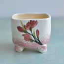 Square Handmade Ceramic Succulent Pot with Red Flowers Approximately 3"