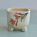 Square Handmade Ceramic Succulent Pot with Red Flowers Approximately 3"