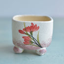 Square Handmade Ceramic Succulent Pot with Red Flowers Approximately 3"