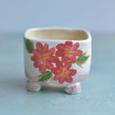 Square Handmade Ceramic Succulent Pot with Red Flowers Approximately 3"