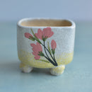 Square Handmade Ceramic Succulent Pot with Pink Flowers Approximately 3"