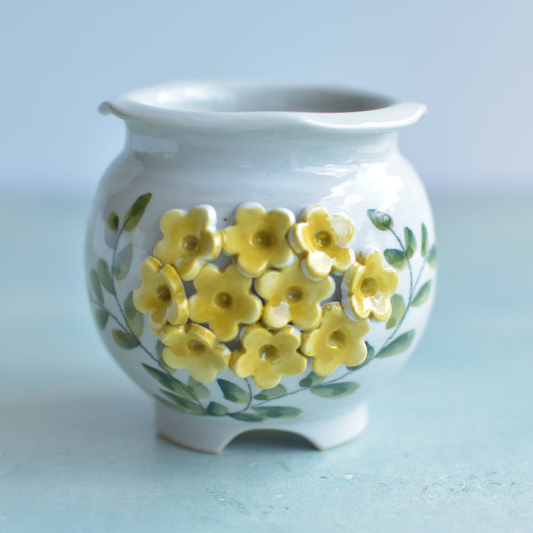 Handmade Ceramic Succulent Pot with Yellow Flowers Approximately 3.5"