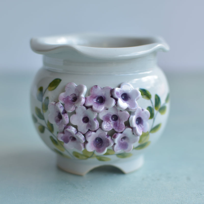 Handmade Ceramic Succulent Pot with Purple Flowers Approximately 3.5"