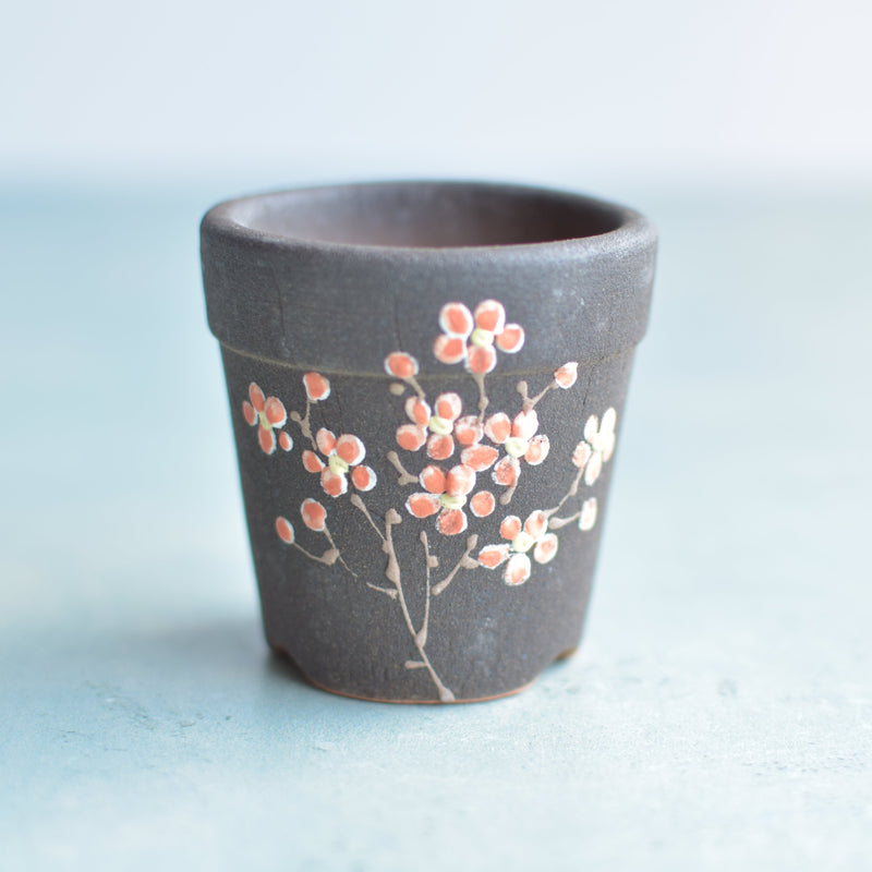 Small Black Handmade Ceramic Succulent Pot with Flowers Approximately 2"
