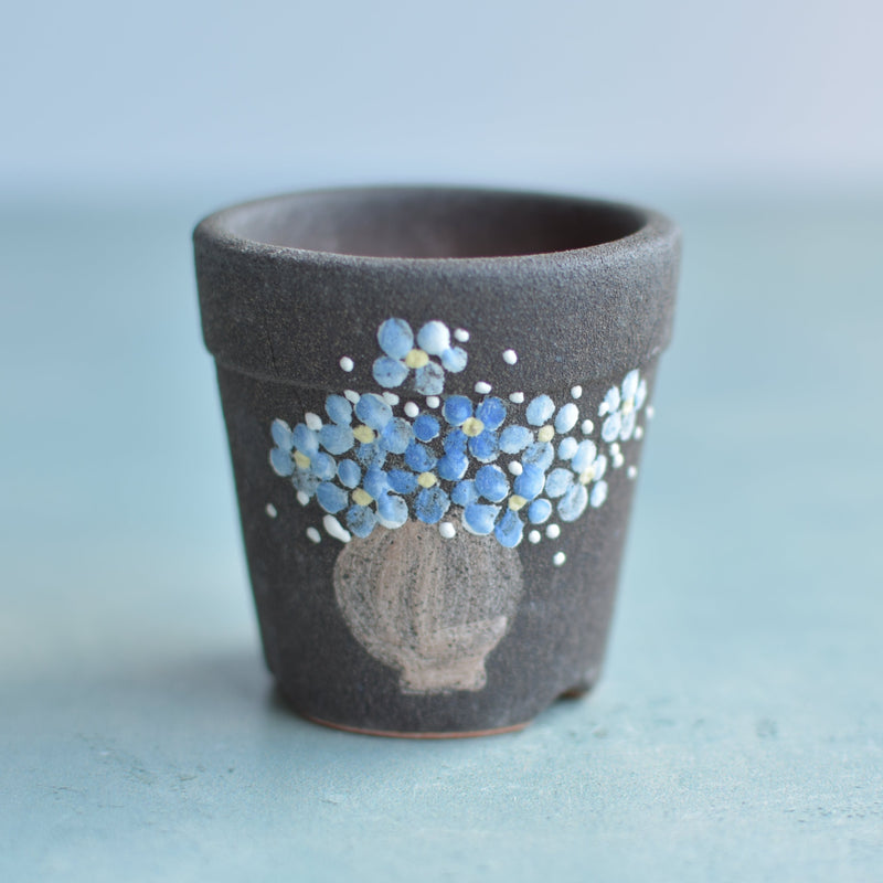 Small Black Handmade Ceramic Succulent Pot with Flowers Approximately 2"