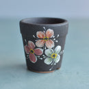 Small Black Handmade Ceramic Succulent Pot with Flowers Approximately 2"