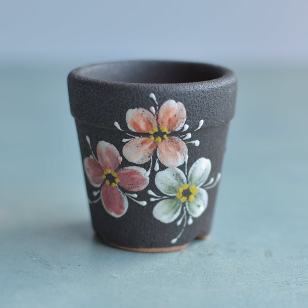 Small Black Handmade Ceramic Succulent Pot with Flowers Approximately 2"