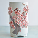 Tall Handmade Ceramic Succulent Pot with Red Flower Bonsai Tree Approximately 4.5" Wide x 8.5" Tall