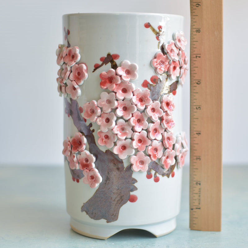 Tall Handmade Ceramic Succulent Pot with Red Flower Bonsai Tree Approximately 4.5" Wide x 8.5" Tall
